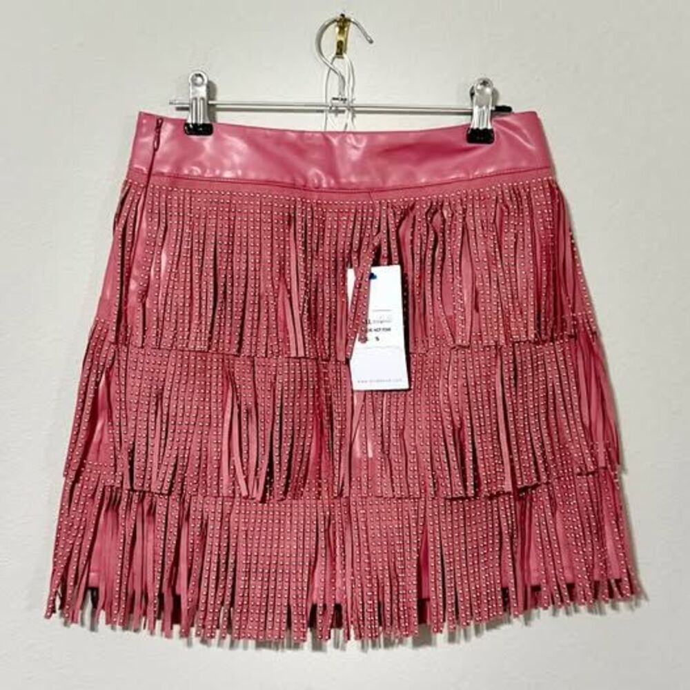 NWT Blue B Collection hot pink faux leather tiered studded fringe skirt in sz SM
